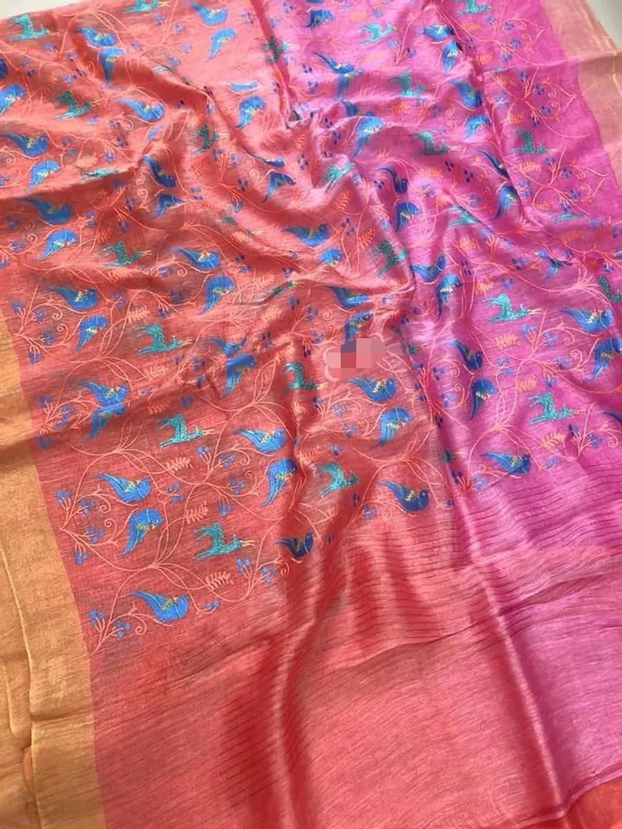 Pure Silk Linen Saree with Jari Border – New Floral & Bird Embroidery Work